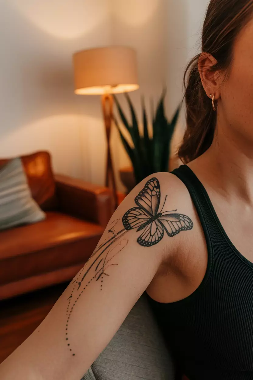 Dynamic Black Butterfly in Flight A close-up photo of a woman showing her dynamic black butterfly tattoo captured mid-flight symbolizing freedom and the beauty of transformation in motion, tattoo design, living room background