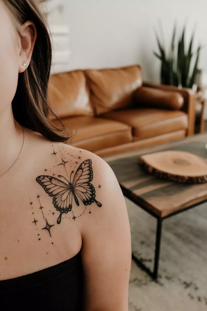 Celestial Black Butterfly with Stars A close-up photo of a woman showing her celestial-themed black butterfly tattoo adorned with stars, tattoo design, living room background