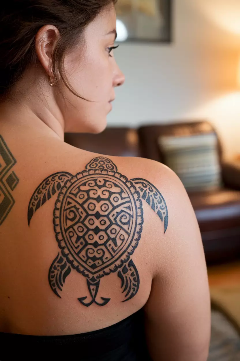 Tribal Turtle on Back A close-up photo of a woman showing her tribal turtle tattoo on her back, featuring intricate black patterns that symbolize strength and connection to nature, living room background.