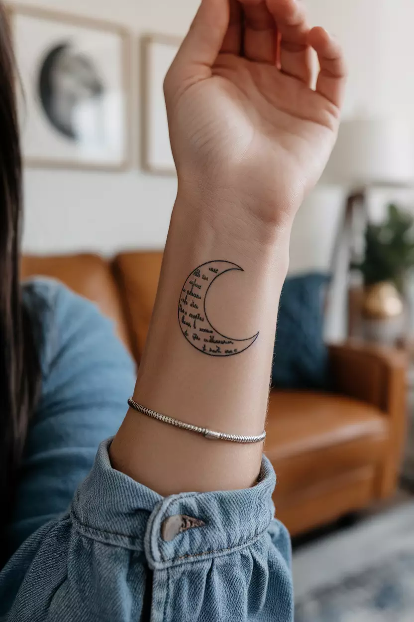 Crescent Moon Message A close-up photo of a woman showing her wrist with a crescent moon tattoo incorporating a short, meaningful message within its curve, tattoo design, living room background