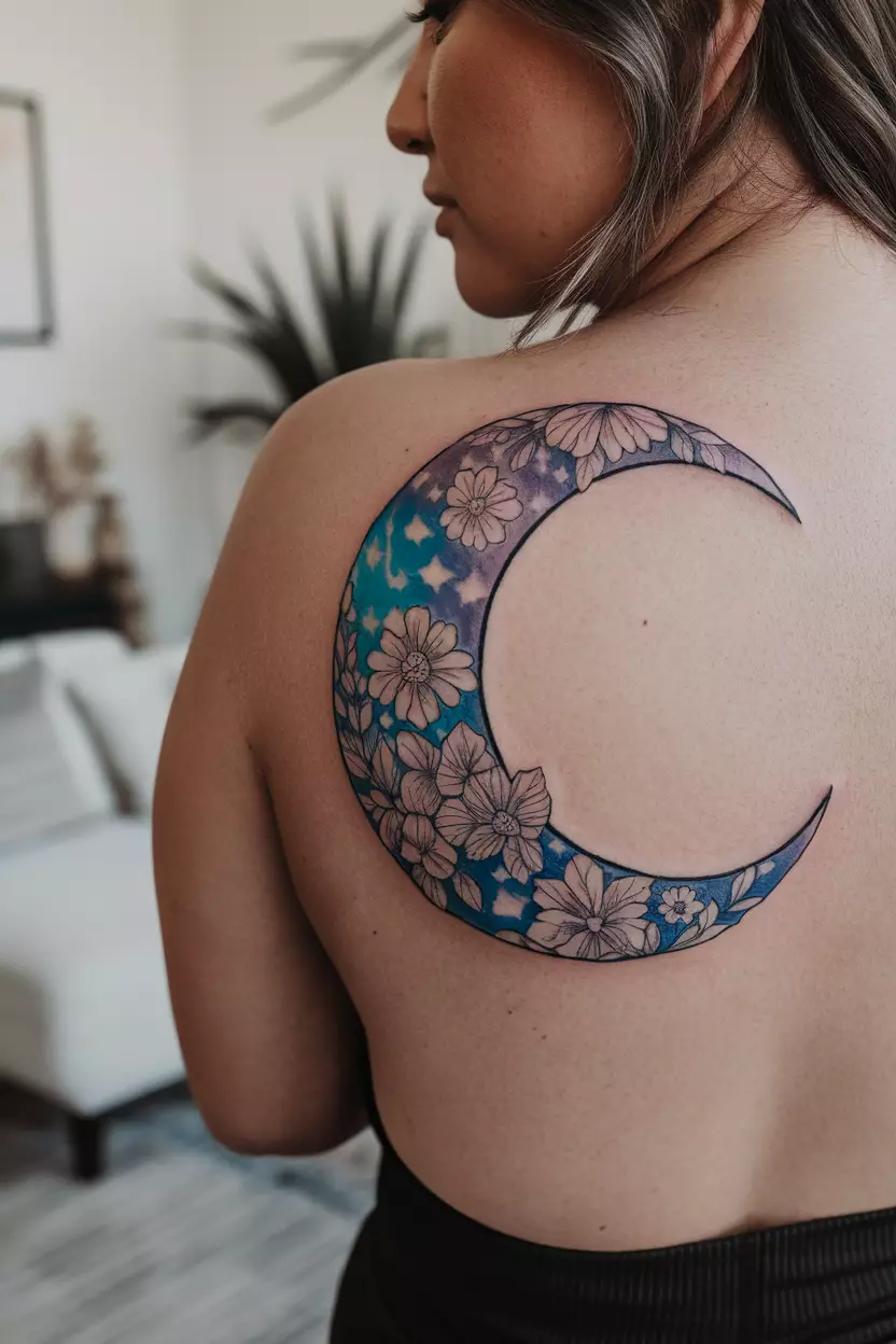 Floral Crescent Moon on Back A close-up photo of a woman showing her upper back with a large crescent moon tattoo filled with intricate floral patterns, tattoo design, living room background