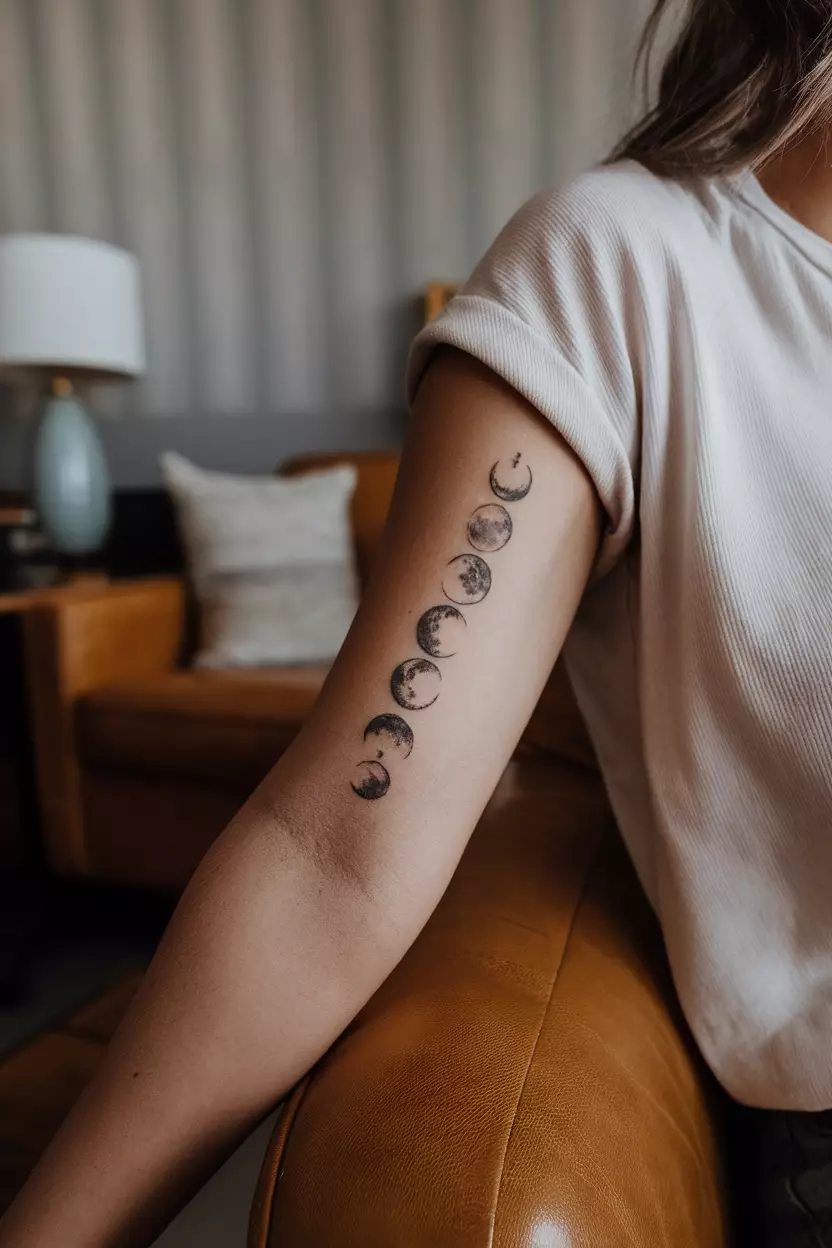 Moon Phases A close-up photo of a woman showing her tattoo of the different moon phases lined up vertically, tattoo design, living room background