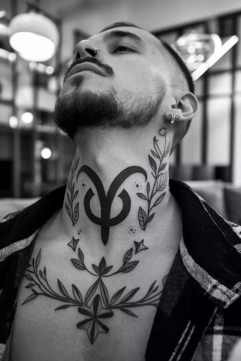 Taurus Neck Tattoo A close-up photo of a man showing his striking neck tattoo featuring the Taurus symbol surrounded by decorative elements like stars and vines, captured in a trendy living room filled with stylish accents and soft lighting that enhances the boldness of the design.