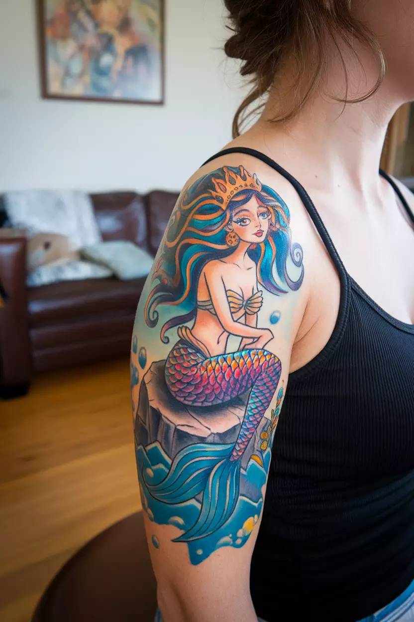 Whimsical Mermaid Tattoo A close-up photo of a woman showing her whimsical mermaid tattoo with flowing hair and vibrant scales, representing femininity and allure in ocean mythology, tattoo design, living room background