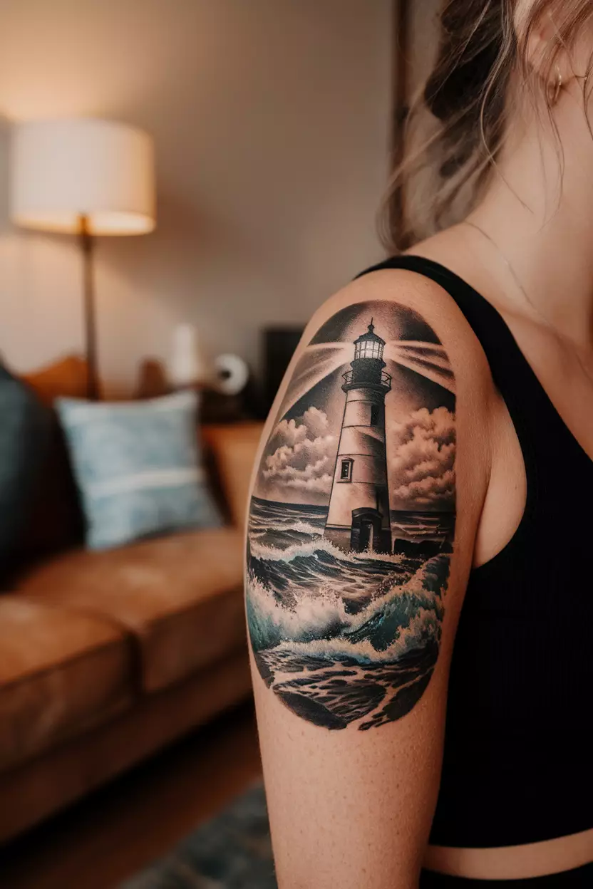 Lighthouse Guiding Ships A close-up photo of a woman showing her lighthouse tattoo standing tall against crashing waves, symbolizing hope and guidance for those navigating through life's storms, tattoo design, living room background