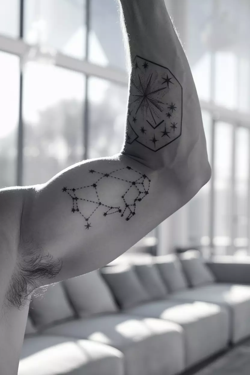 Taurus Constellation Tattoo A close-up photo of a man showing his constellation tattoo featuring stars arranged in the shape of the bull on his forearm, set against an airy living room filled with natural light streaming through large windows to create an ethereal atmosphere.