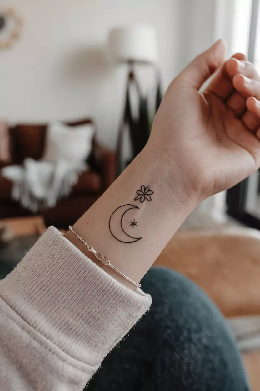 Simple Wrist Flower Crescent Moon A close-up photo of a woman showing her wrist with a simple line drawing tattoo of a crescent moon with a small flower, tattoo design, living room background