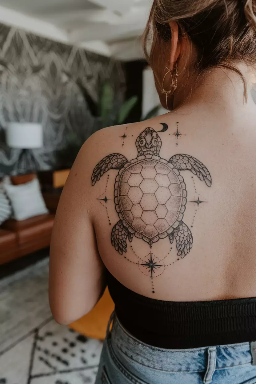 Celestial Turtle on Back A close-up photo of a woman showing her celestial turtle tattoo on her back, adorned with stars and moons integrated into the design for a mystical theme, living room background.