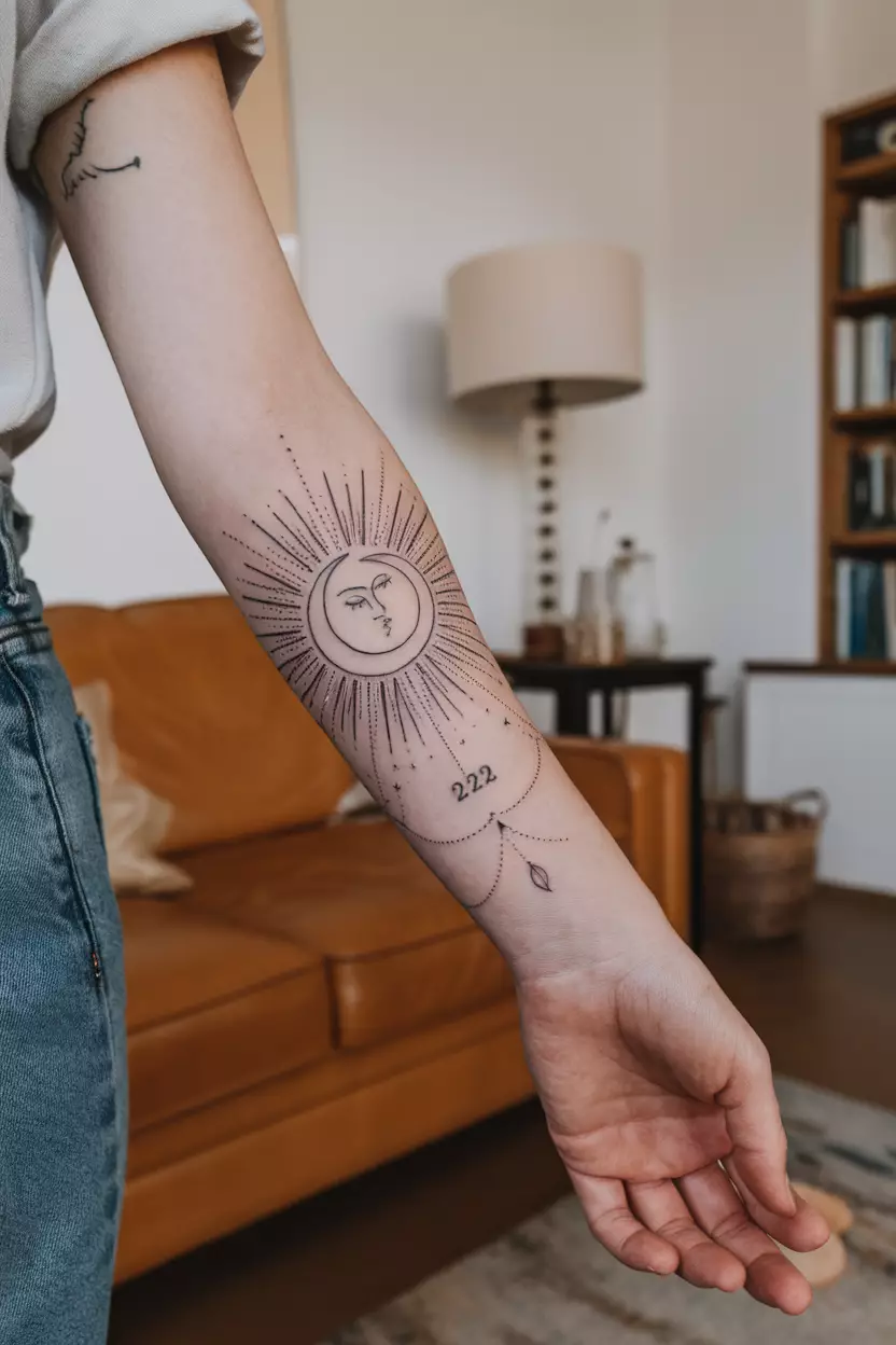 Linework Forearm Tattoo of Moon Embracing the Sun with Angel Number A close-up photo of a woman showing her forearm with a linework tattoo of a crescent moon embracing the sun, accompanied by the angel number 222, tattoo design, living room background