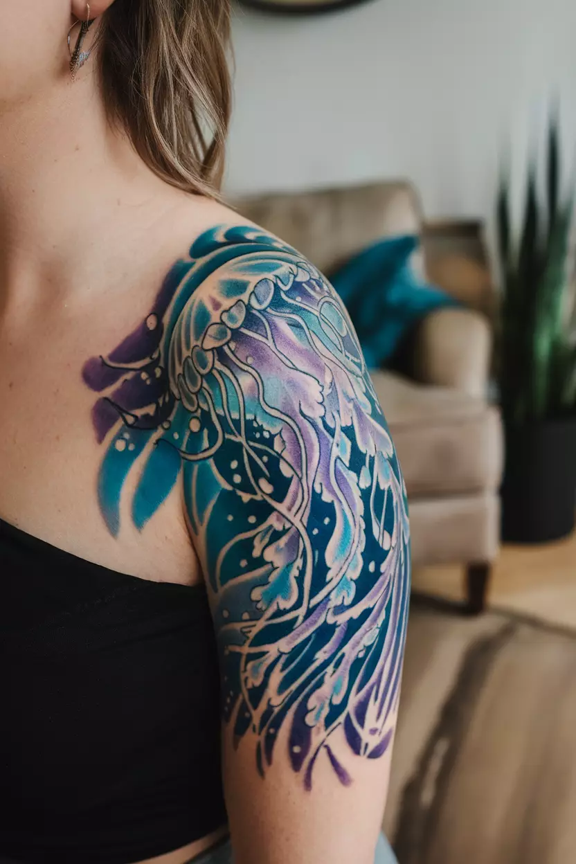 Beautiful Jellyfish Floating A close-up photo of a woman showing her jellyfish tattoo with flowing tentacles that create an ethereal look representing grace and fluidity in nature's wonders, tattoo design, living room background