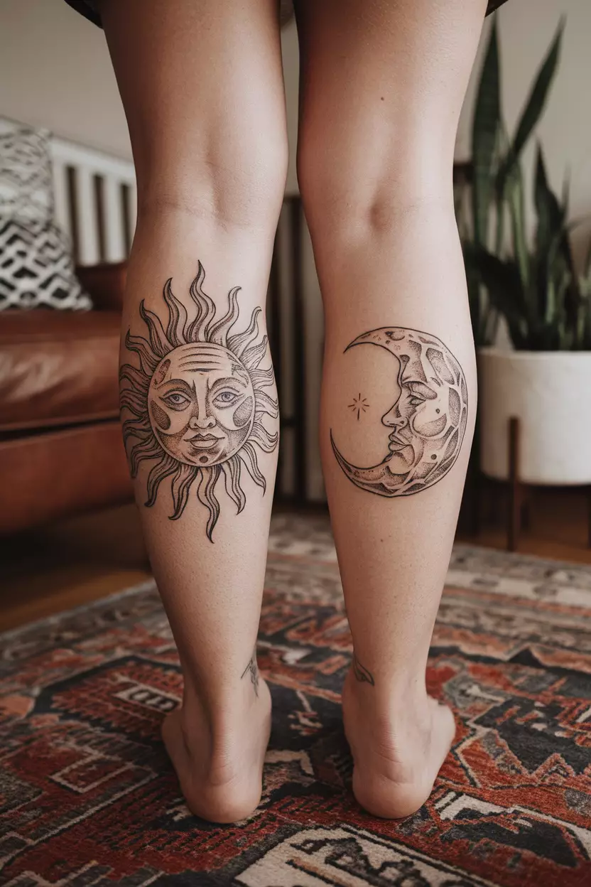 Pair of Linework Tattoos of Sun and Moon on Back of Leg A close-up photo of a woman showing the back of her leg with two separate linework tattoos of a wrinkled, expressive sun and moon, tattoo design, living room background