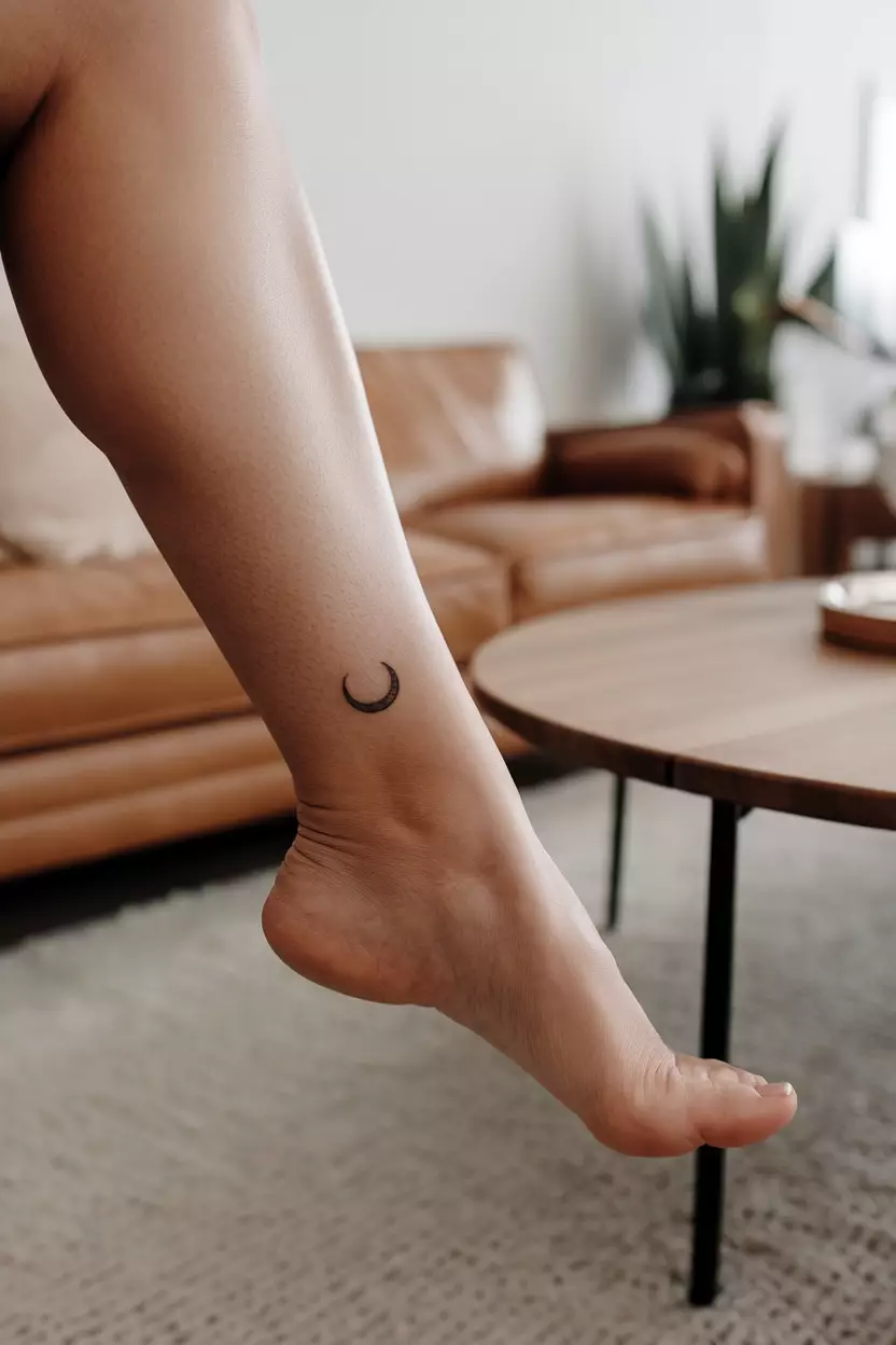 Microscopic Ankle Crescent Moon A close-up photo of a woman showing her ankle with an extremely tiny, almost microscopic crescent moon tattoo, tattoo design, living room background