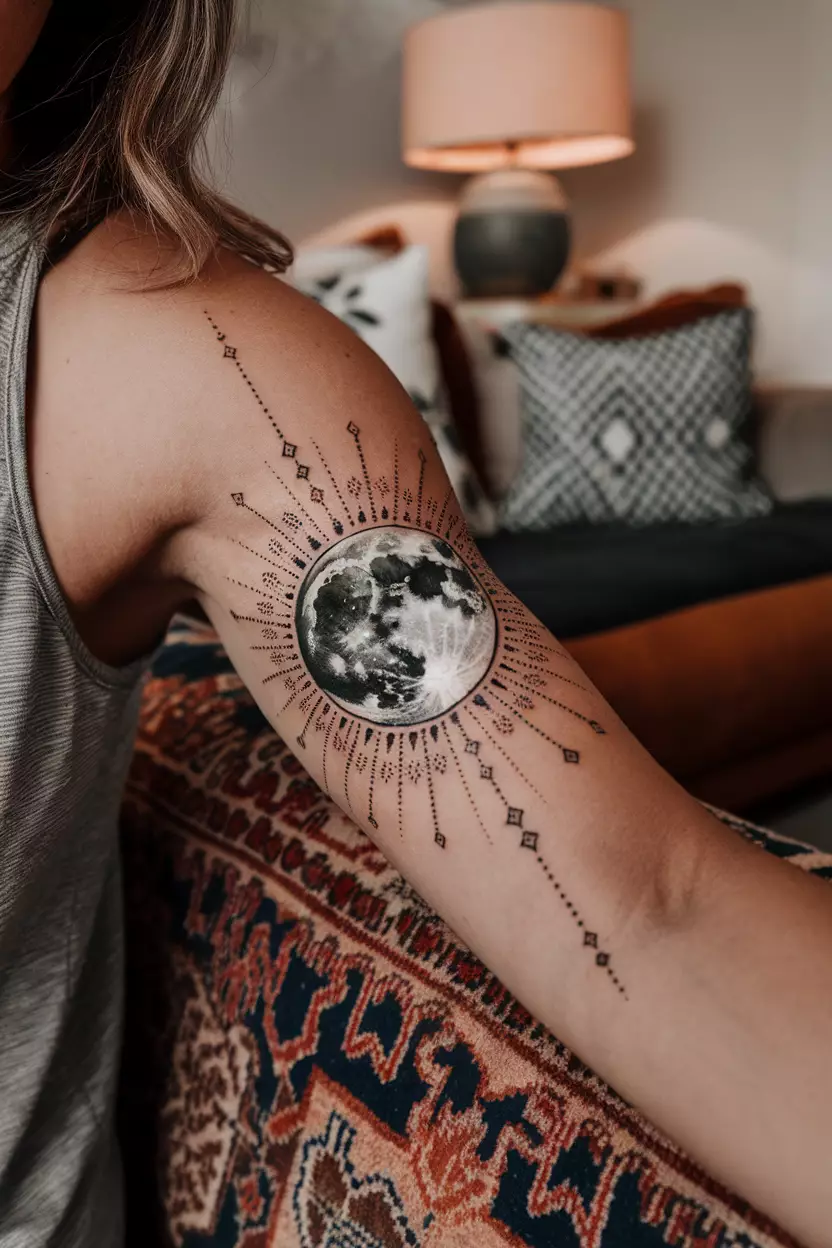 Dotwork Moon A close-up photo of a woman showing her intricate dotwork-style moon tattoo, tattoo design, living room background