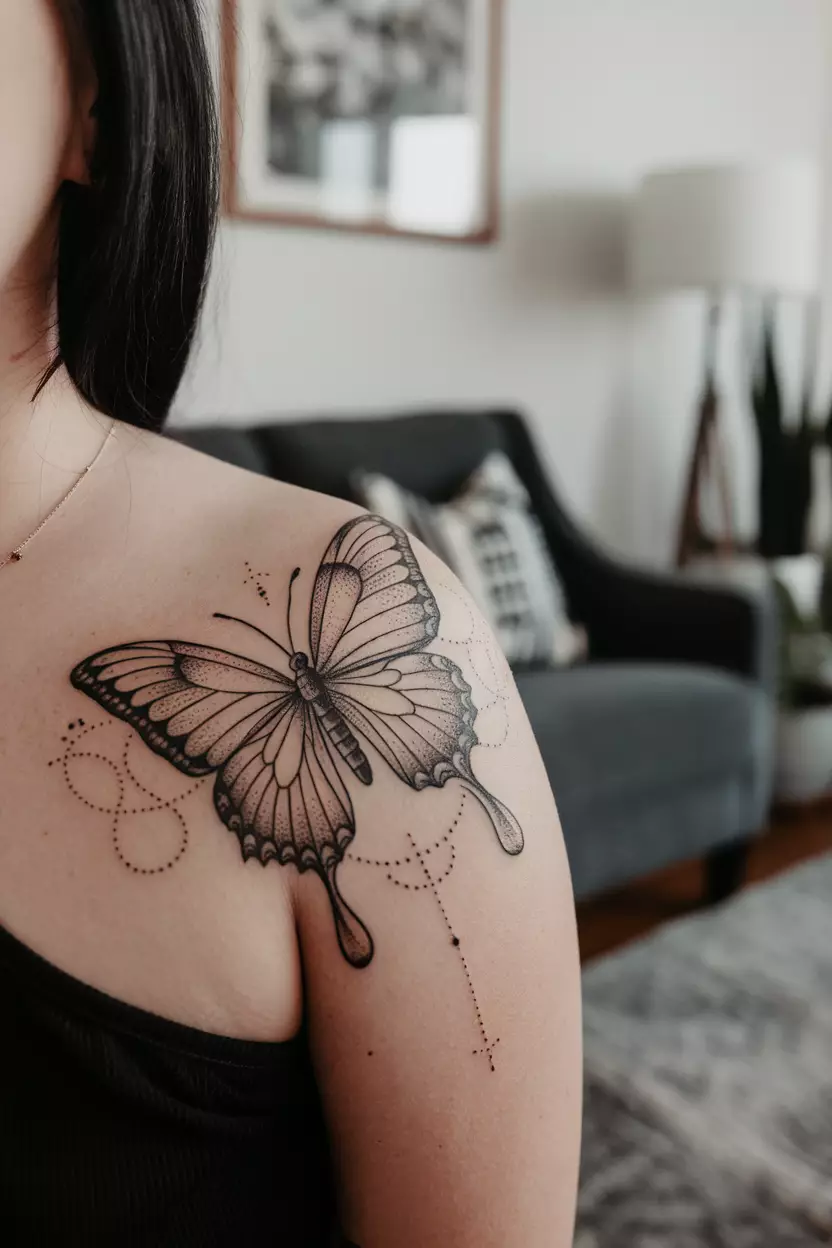 Ornate Black Butterfly Tattoo A close-up photo of a woman showing her ornate black butterfly tattoo featuring elaborate detailing that showcases artistry and individuality, tattoo design, living room background