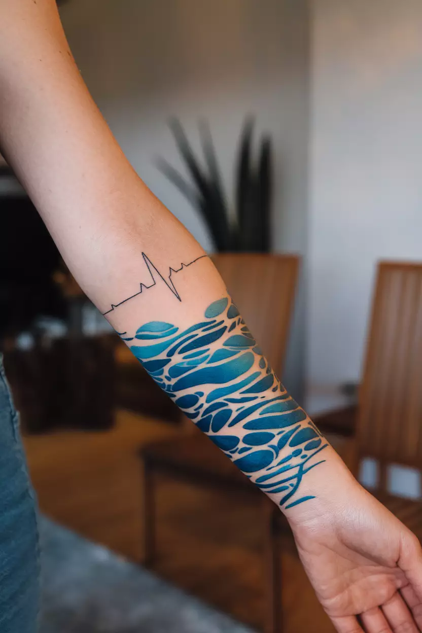 Ocean Heartbeat Line A close-up photo of a woman showing her heartbeat line transforming into ocean waves to represent the deep connection between life and the sea's rhythm, tattoo design, living room background