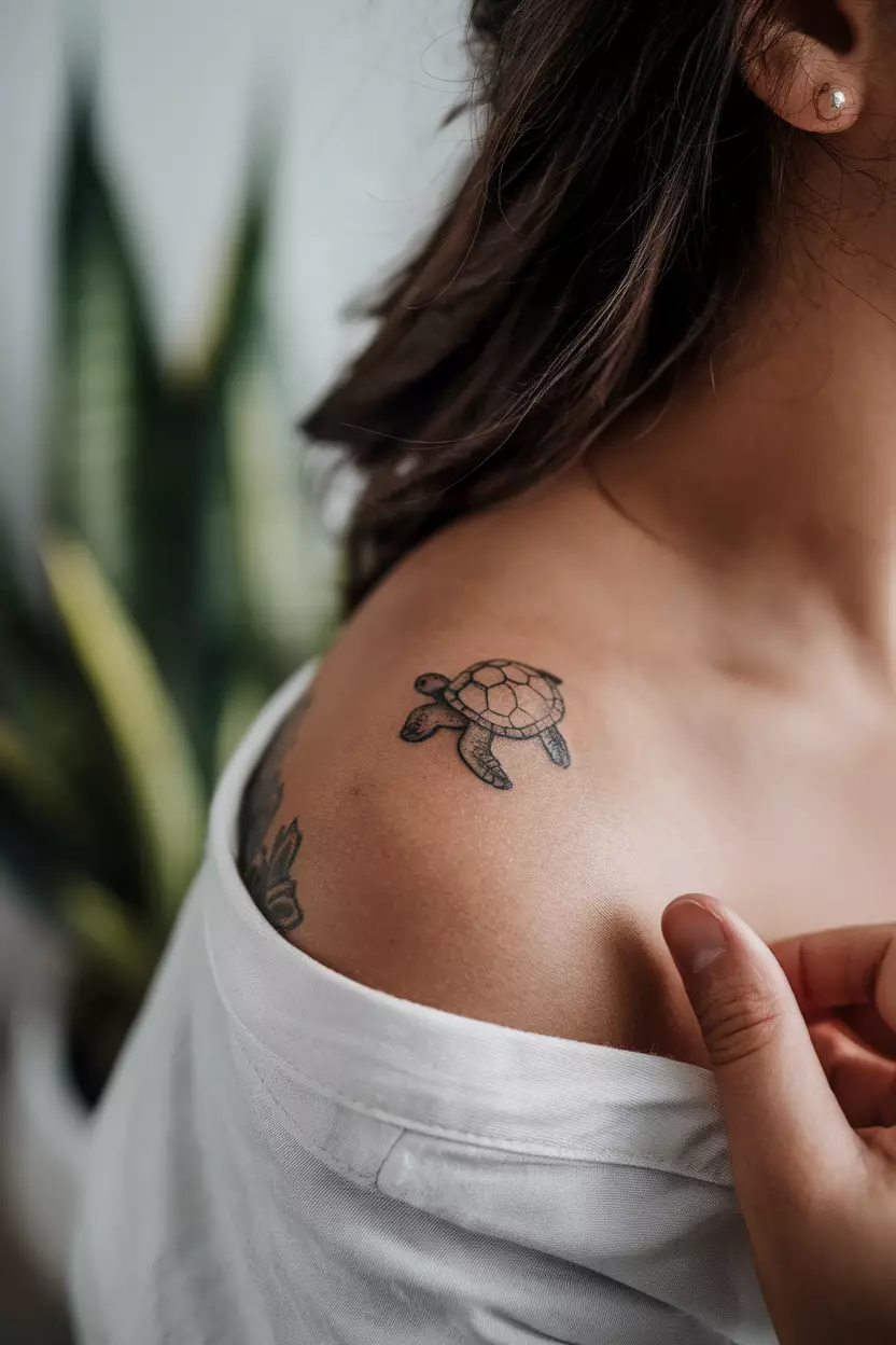 Small Sea Turtle Tattoo A close-up photo of a woman showing her tiny sea turtle tattoo design