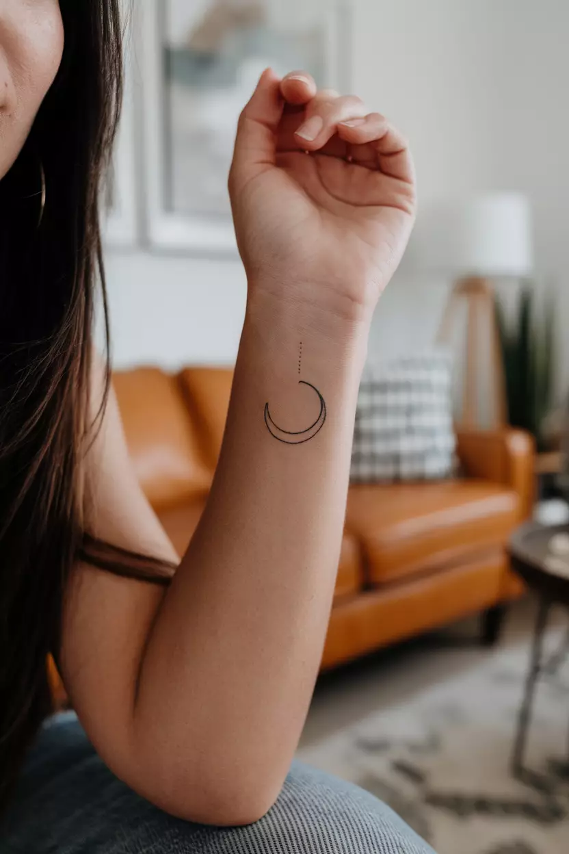 Minimalist Moon A close-up photo of a woman showing her simple, thin-lined crescent moon tattoo, tattoo design, living room background