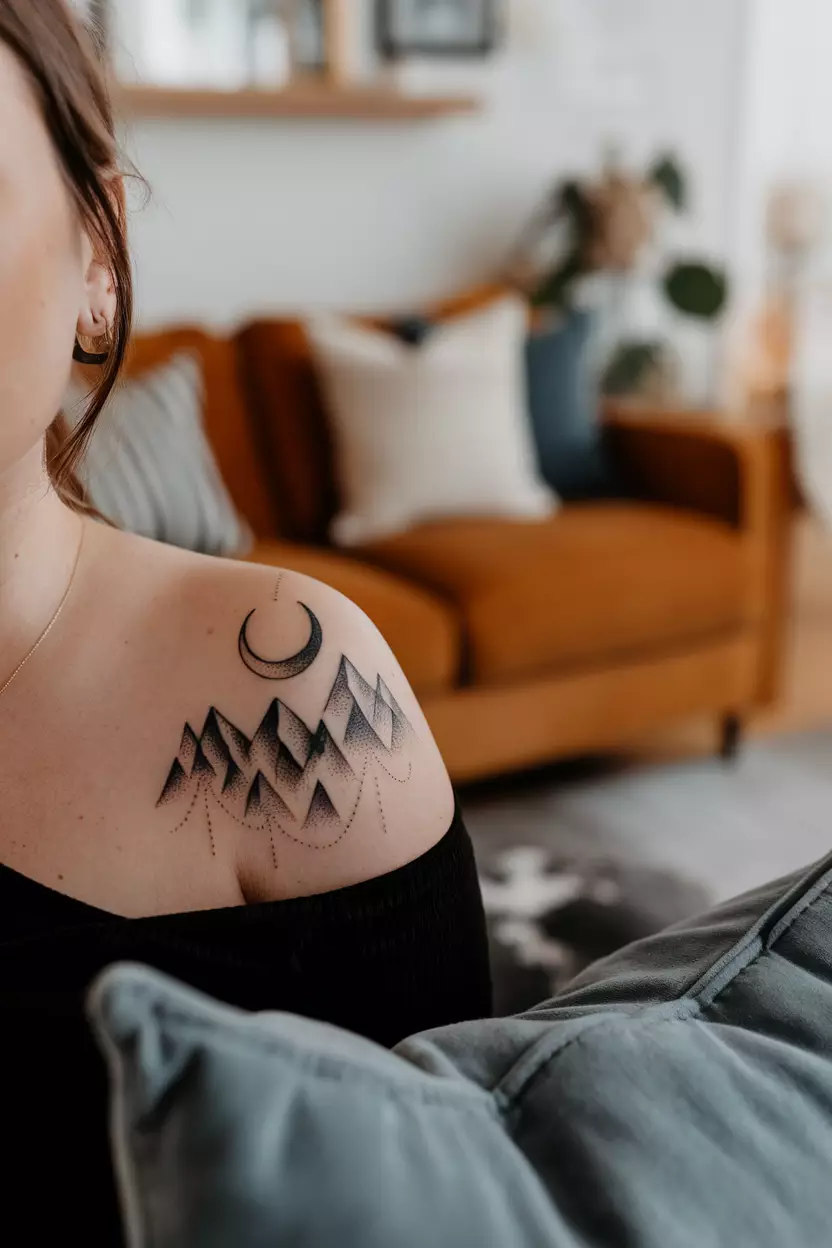 Moon and Mountains A close-up photo of a woman showing her tattoo of a crescent moon hanging over mountain peaks, tattoo design, living room background