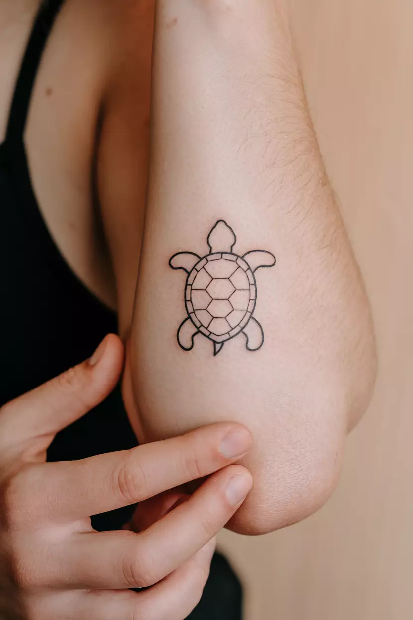 Minimalist Turtle Outline Tattoo A close-up photo of a woman showing her tiny minimalist turtle outline tattoo design on her arm