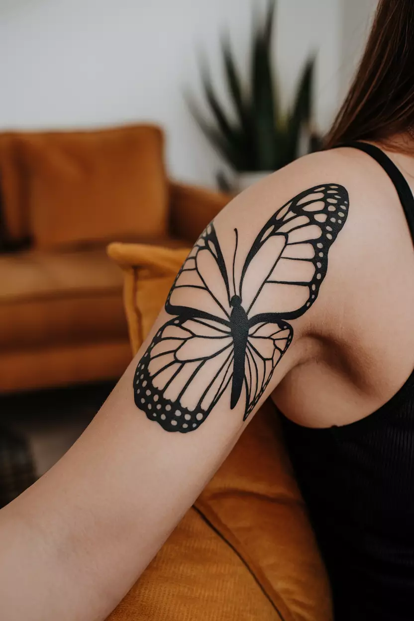 Black Butterfly Silhouette A close-up photo of a woman showing her bold black butterfly silhouette tattoo that stands out against the skin for a striking effect, tattoo design, living room background