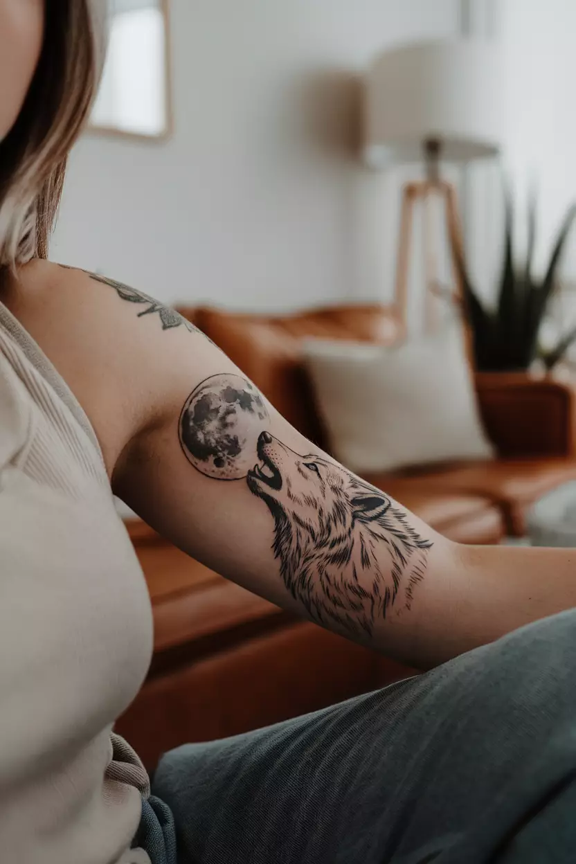 Moon and Wolf A close-up photo of a woman showing her tattoo of a wolf howling at the moon, tattoo design, living room background