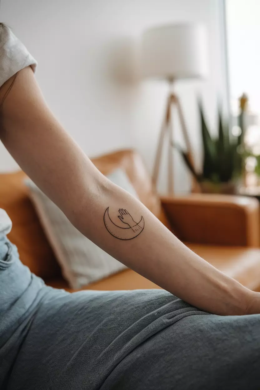 Crescent Moon with a Small Hand A close-up photo of a woman showing her arm with a delicate tattoo of a crescent moon cradling a tiny hand, symbolizing motherhood, tattoo design, living room background