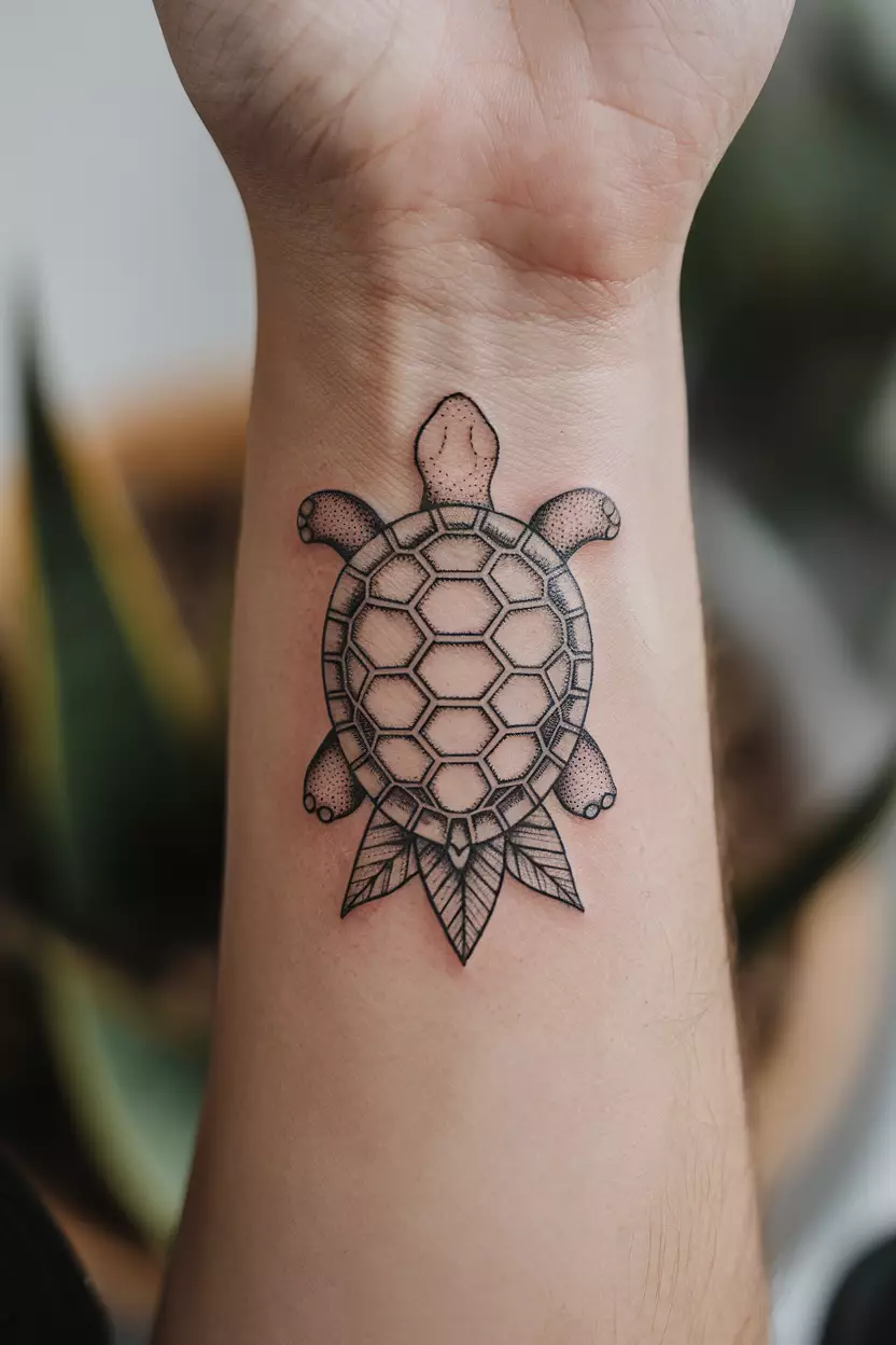 Small Turtle Wrist Tattoo A close-up photo of a woman showing her small turtle wrist tattoo design
