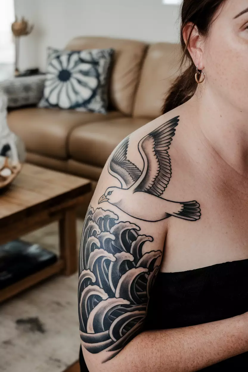 Seagull Soaring Above Waves A close-up photo of a woman showing her seagull tattoo soaring above stylized waves to symbolize freedom and the spirit of exploration over vast waters, tattoo design, living room background
