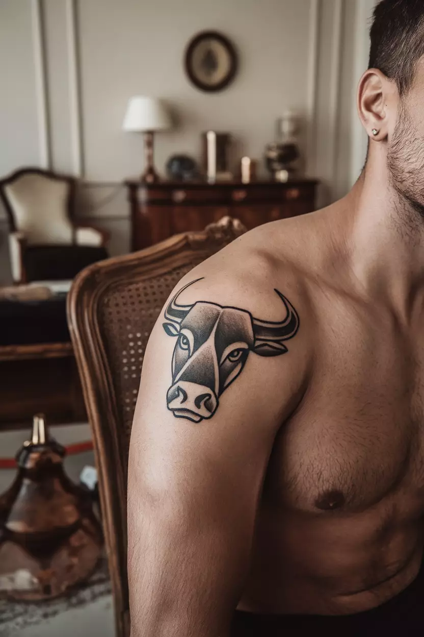 Taurus Tattoo A close-up photo of a man showing his classic bull symbol tattoo on his shoulder, rendered in bold black ink while seated in an elegantly decorated living room that enhances its timeless appeal.