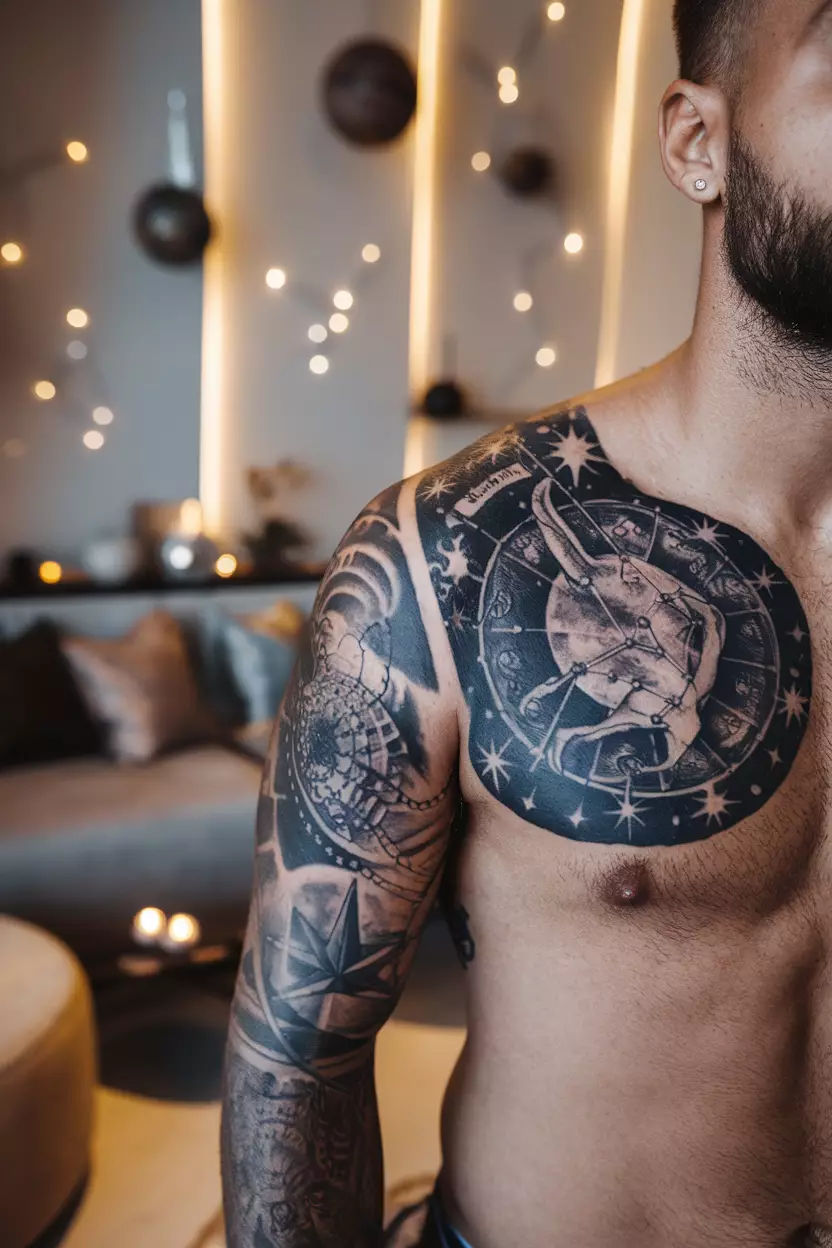 Taurus Chest Tattoo A close-up photo of a man showing his expansive chest tattoo featuring the Taurus constellation intertwined with celestial elements, captured in a stylish living room adorned with soft textiles and ambient lighting that echoes the cosmic theme.
