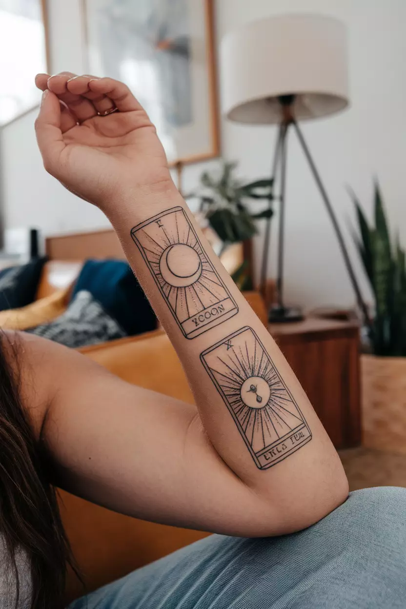 Fineline Tattoo of Tarot Cards of The Moon and The Sun A close-up photo of a woman showing her arm with two fineline tattoos of tarot cards depicting The Moon and The Sun, with a vintage worn look, tattoo design, living room background