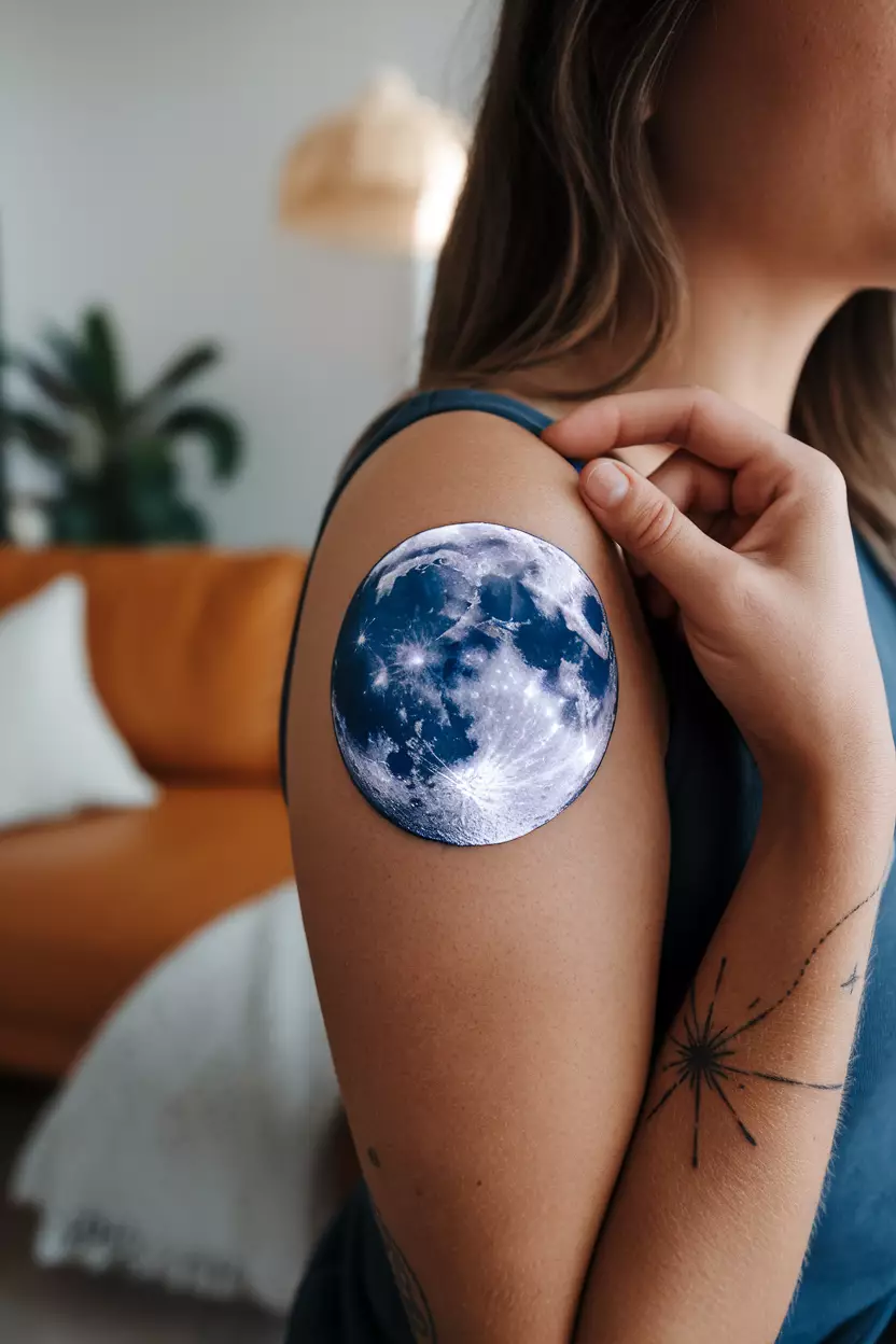 3D Moon A close-up photo of a woman showing her realistic 3D moon tattoo, tattoo design, living room background
