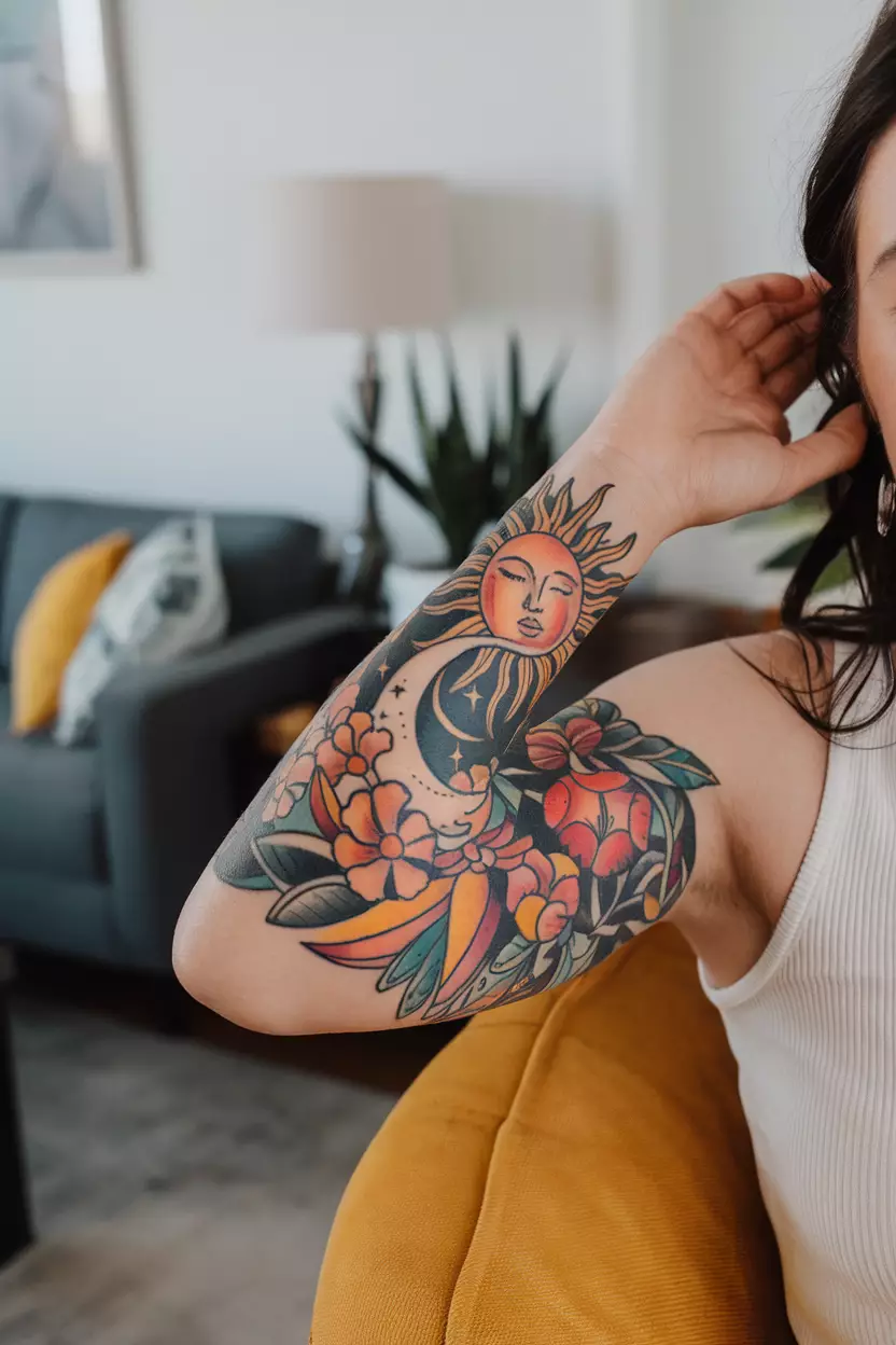 Custom Color Tattoo of Sun, Moon and Flowers on Forearm A close-up photo of a woman showing her forearm with a colorful tattoo featuring an awake sun, sleeping moon, and vibrant flowers as part of a larger sleeve design, tattoo design, living room background