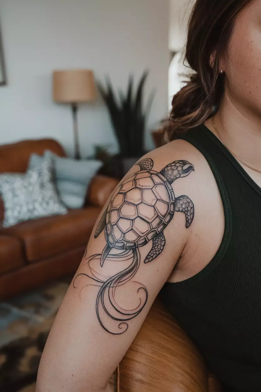 Artistic Swirl Turtle on Bicep A close-up photo of a woman showing her artistic swirl turtle tattoo on her bicep, with flowing lines that create movement and elegance in the design, living room background.