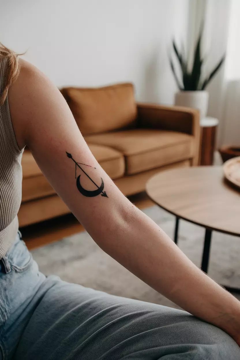 Crescent Moon Bow and Arrow A close-up photo of a woman showing her arm with a creative tattoo of a crescent moon formed by a bow and arrow, tattoo design, living room background