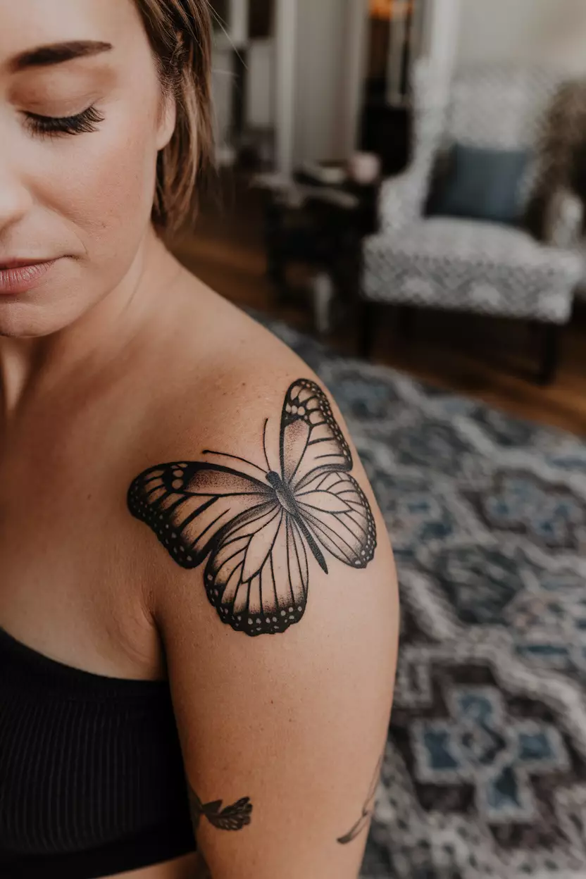 Detailed Black Butterfly with Veins A close-up photo of a woman showing her detailed black butterfly tattoo showcasing intricate wing veins, representing resilience and personal growth, tattoo design, living room background