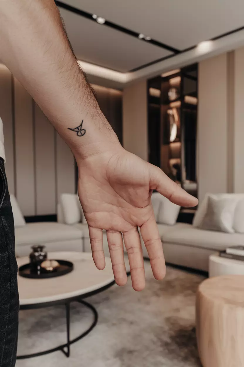 Taurus Hand Tattoo A close-up photo of a man showing his minimalist Taurus tattoo on the back of his hand, featuring a simple bull outline with the Taurus symbol, against a contemporary living room backdrop with neutral tones and elegant furnishings that highlight the simplicity of the design.