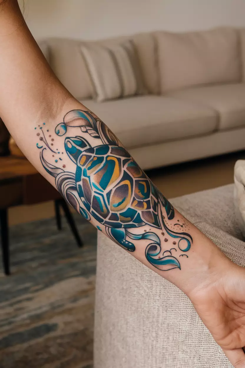 Abstract Turtle on Forearm A close-up photo of a woman showing her abstract turtle tattoo on her forearm, featuring swirling colors and shapes that represent movement and fluidity in water, living room background.