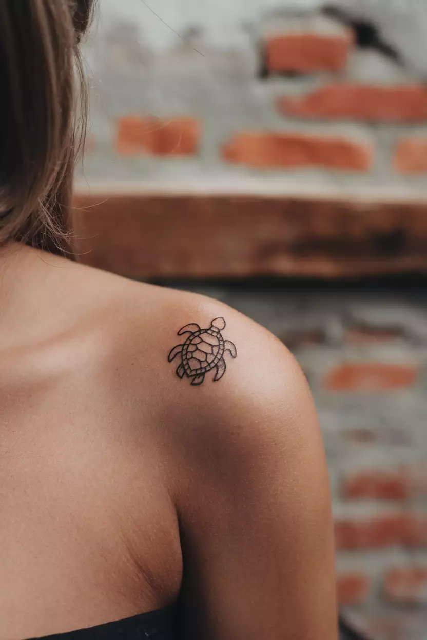 Small Abstract Turtle Tattoo A close-up photo of a woman showing her tiny abstract turtle tattoo design