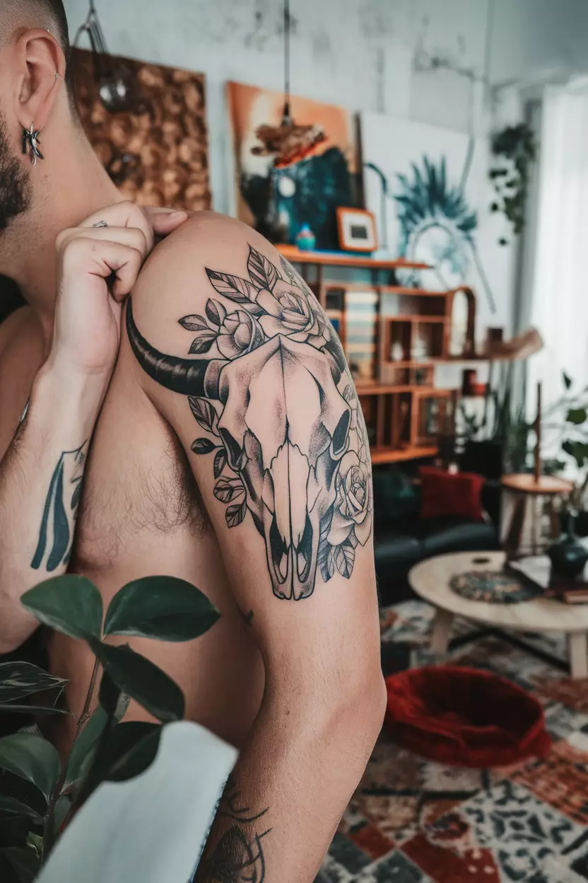 Taurus Skull Tattoo A close-up photo of a man showing his edgy Taurus skull tattoo on his bicep, combining the image of a bull skull with floral accents, set in an eclectic living room filled with unique decor items and artwork that resonate with the boldness of the tattoo.