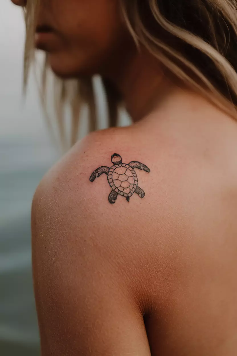Tiny Sea Turtle Shoulder Tattoo A close-up photo of a woman showing her tiny sea turtle shoulder tattoo design
