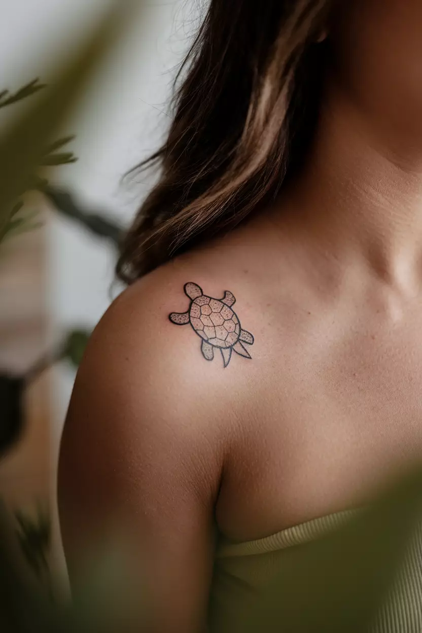 Abstract Turtle Collarbone Tattoo A close-up photo of a woman showing her tiny abstract turtle collarbone tattoo design