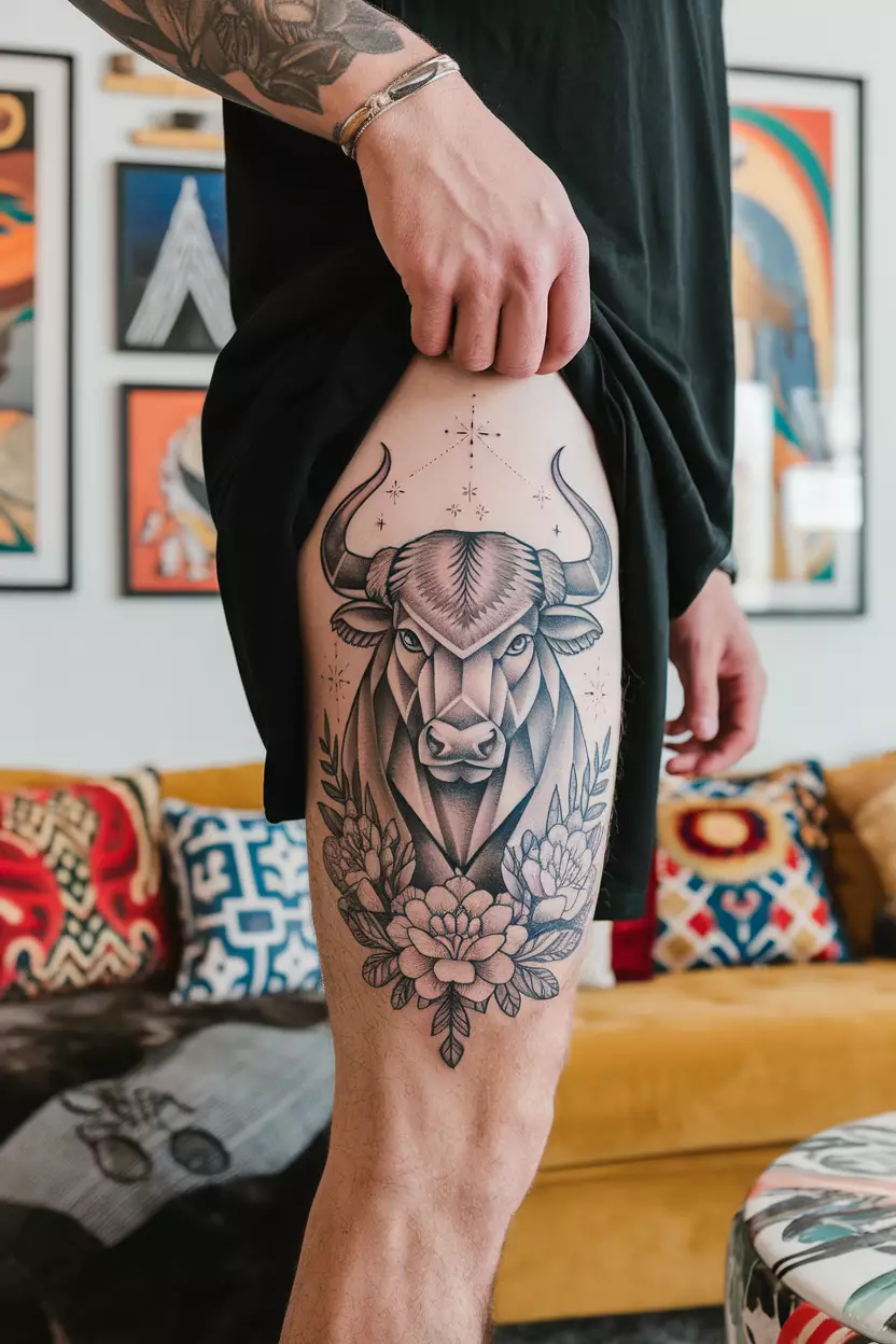 Taurus Thigh Tattoo A close-up photo of a man showing his large Taurus tattoo on his thigh, depicting a majestic bull surrounded by stars and flowers, set in a chic living room with colorful cushions and art pieces that reflect a vibrant lifestyle.