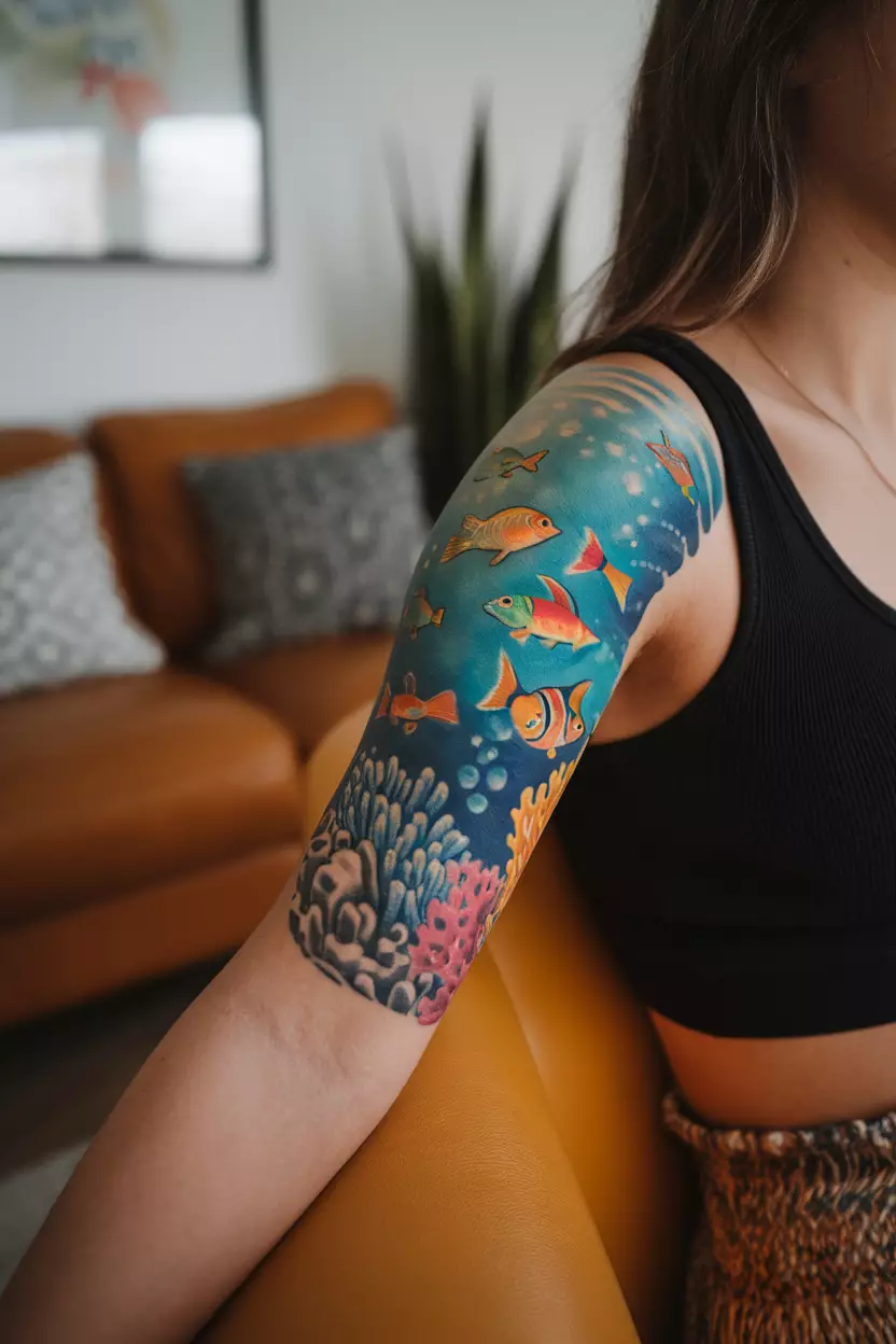 Underwater Scene with Fish A close-up photo of a woman showing her underwater scene tattoo featuring colorful fish swimming among coral, capturing the lively essence of ocean life, tattoo design, living room background