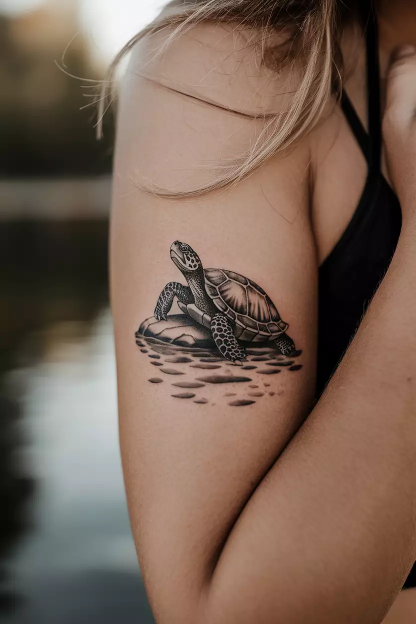 Black and Grey Realism Turtle Tattoo A close-up photo of a woman showing her tiny black and grey realism turtle tattoo design