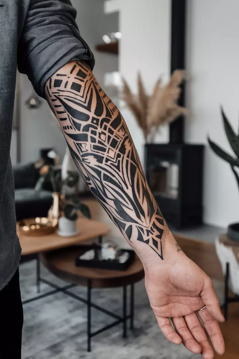 Taurus Tribal Tattoo A close-up photo of a man showing his bold tribal Taurus tattoo on his forearm, incorporating intricate patterns and sharp lines, framed by a stylish living room with modern decor, including a sleek coffee table and decorative plants that enhance the edgy vibe of the tattoo.