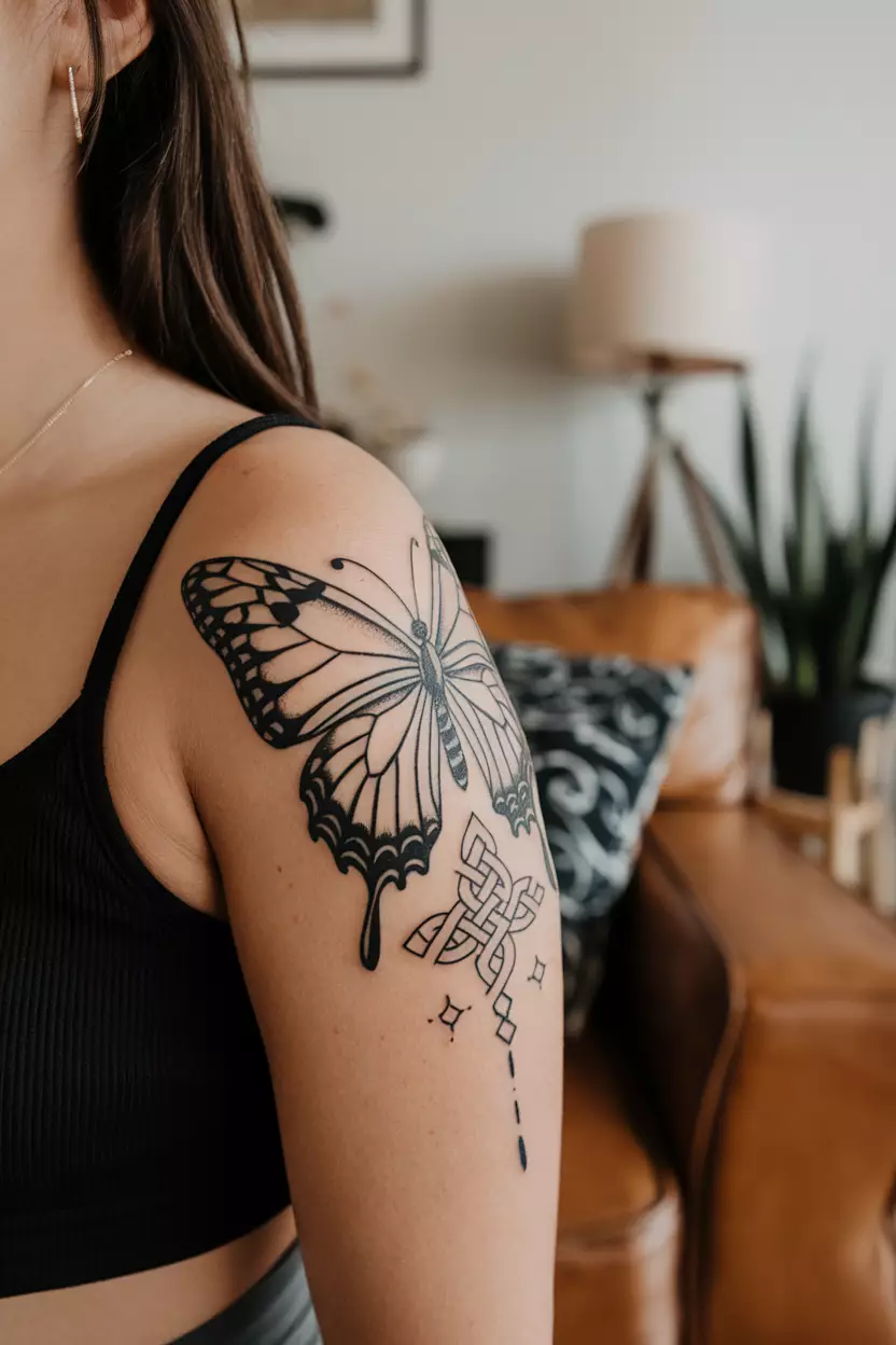 Celtic Knot Black Butterfly A close-up photo of a woman showing her Celtic knot-inspired black butterfly tattoo representing eternity and interconnectedness in life’s journey, tattoo design, living room background
