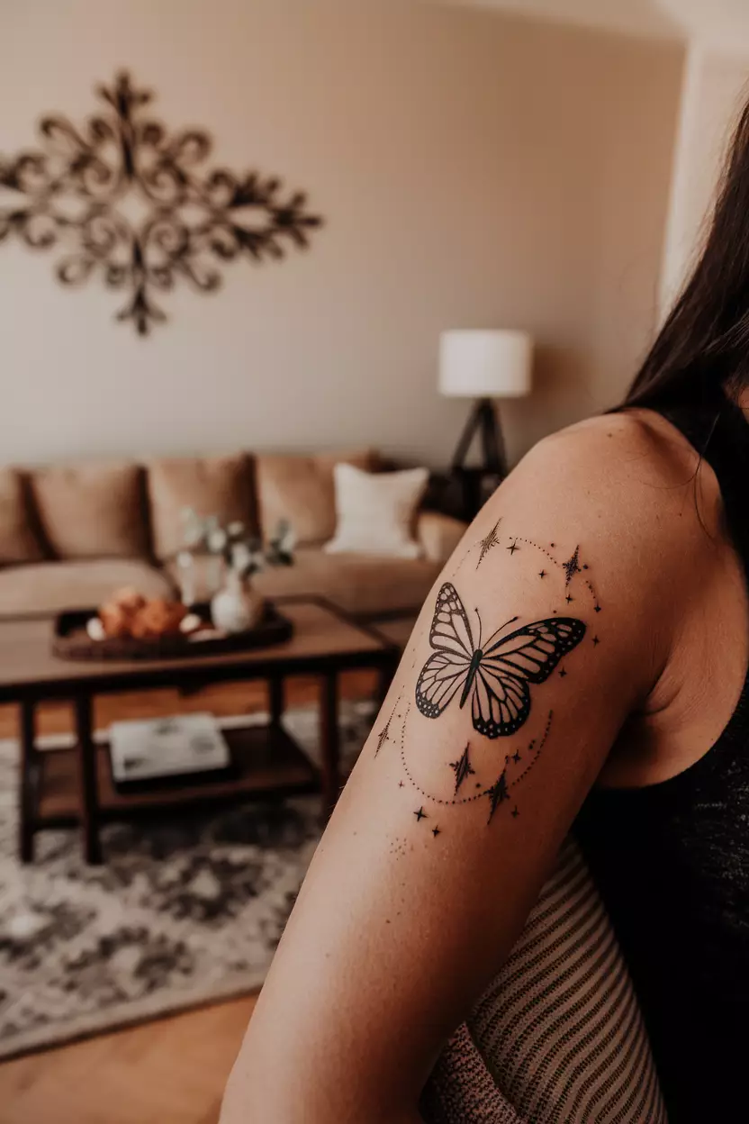 Black Butterfly with Stars A close-up photo of a woman showing her black butterfly tattoo surrounded by tiny stars, symbolizing dreams and aspirations, tattoo design, living room background