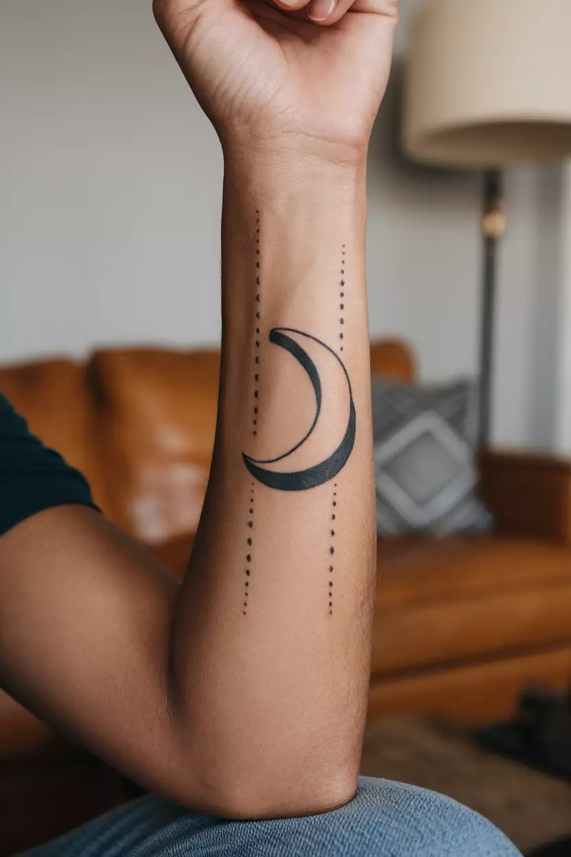 Upside Down Crescent Moon A close-up photo of a woman showing her forearm with an upside-down crescent moon tattoo, offering a unique perspective, tattoo design, living room background
