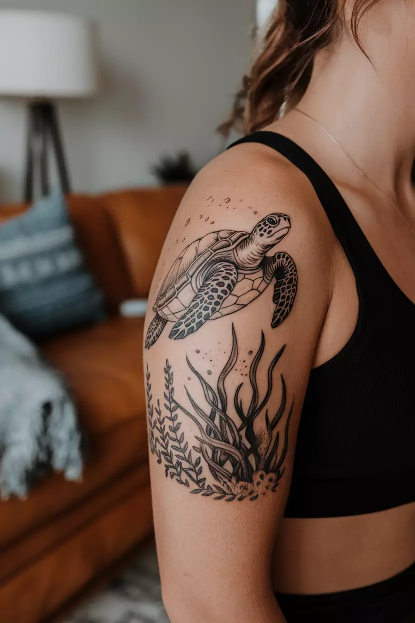 Sea Turtle Amongst Seaweed A close-up photo of a woman showing her sea turtle tattoo gracefully swimming through seaweed, representing longevity and wisdom in oceanic journeys, tattoo design, living room background